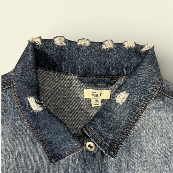 Easel Denim Jacket M Leopard Panel Distressed Button Front Medium Wash - Picture 3 of 5